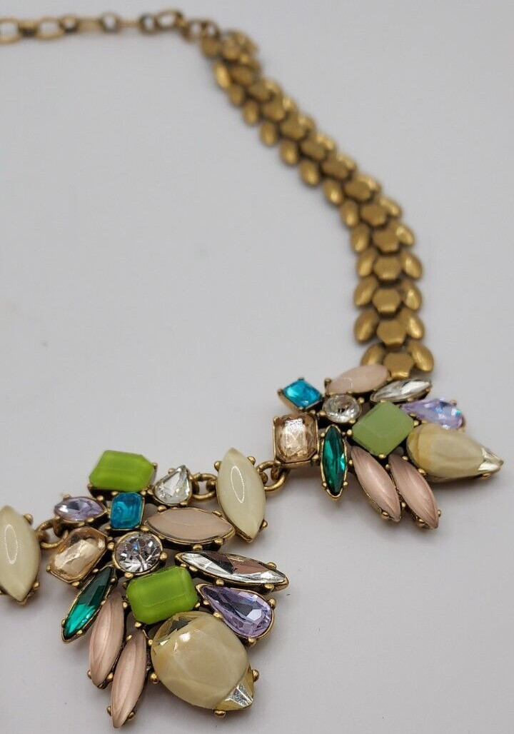 Stella & Dot Bib Collar Necklace Multi Color Crystal Rhinestone goldtone 18″ Vtg