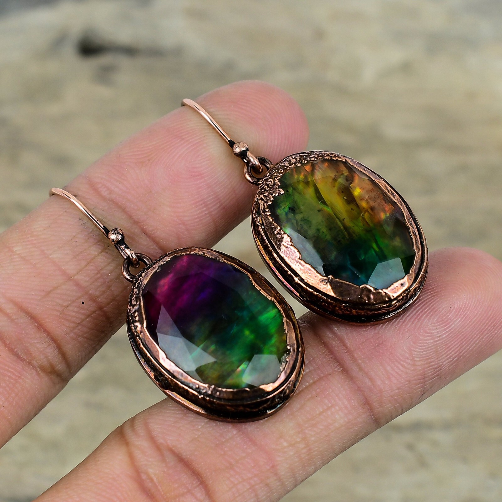 Ammolite Jewelry Copper Friend Gift Electroformed Drop/Dangle Earrings 1.85″