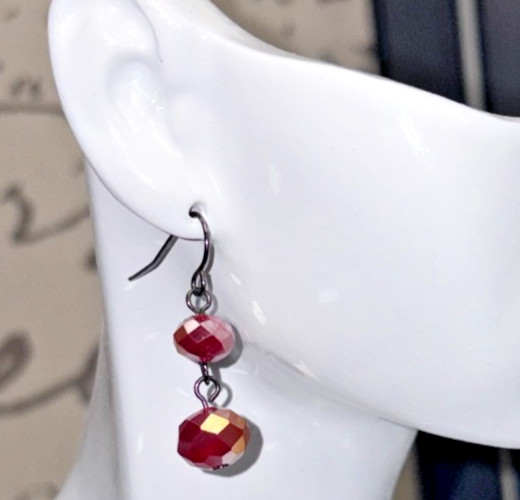 Dark Cherry Red Aurora Borealis Crystal Drop Earrings Hematite Tone Whimsigoth