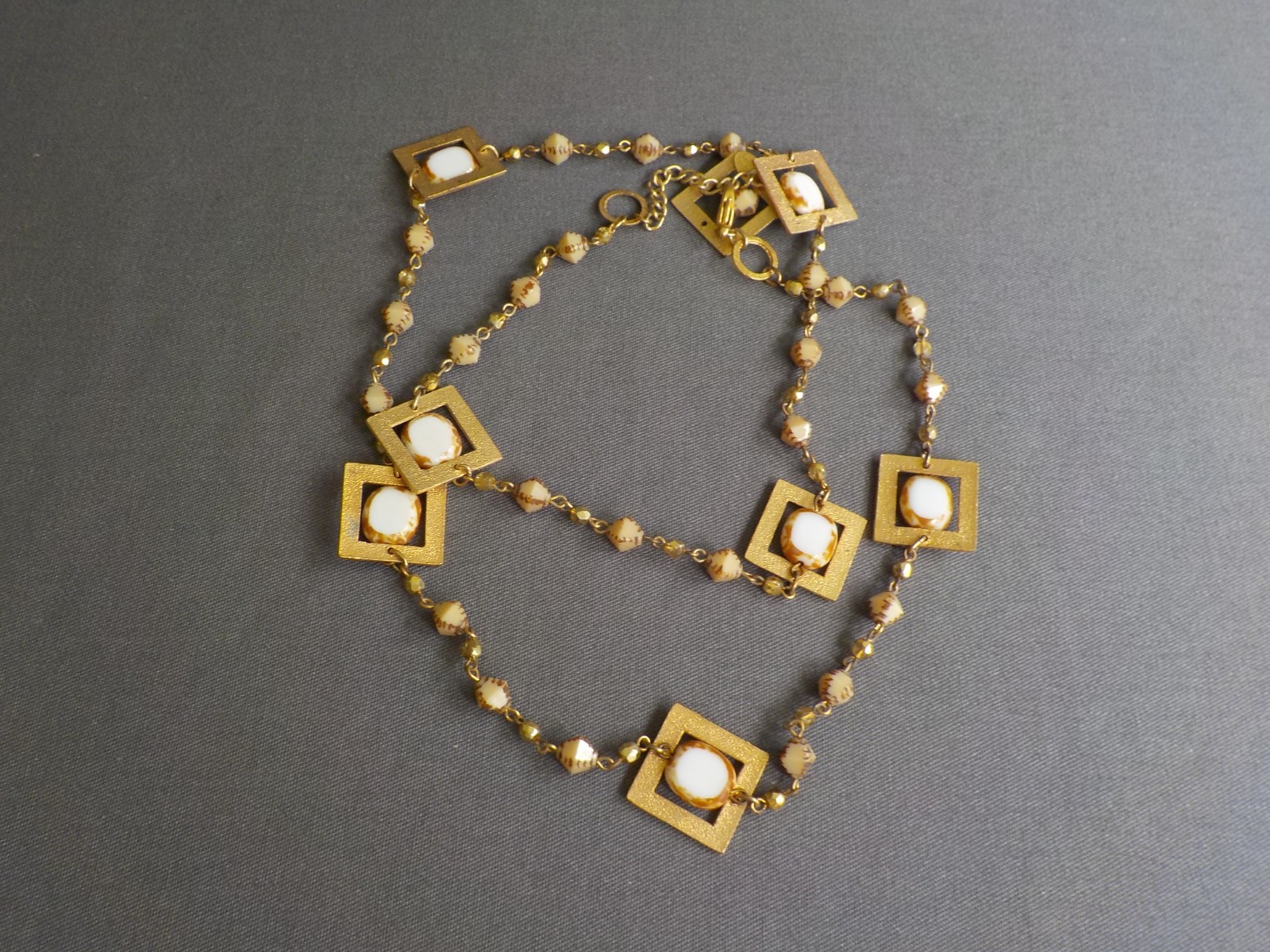 Seasonal Whispers Square Necklace Gold Tone Metal Glass Plastic Bead Linked