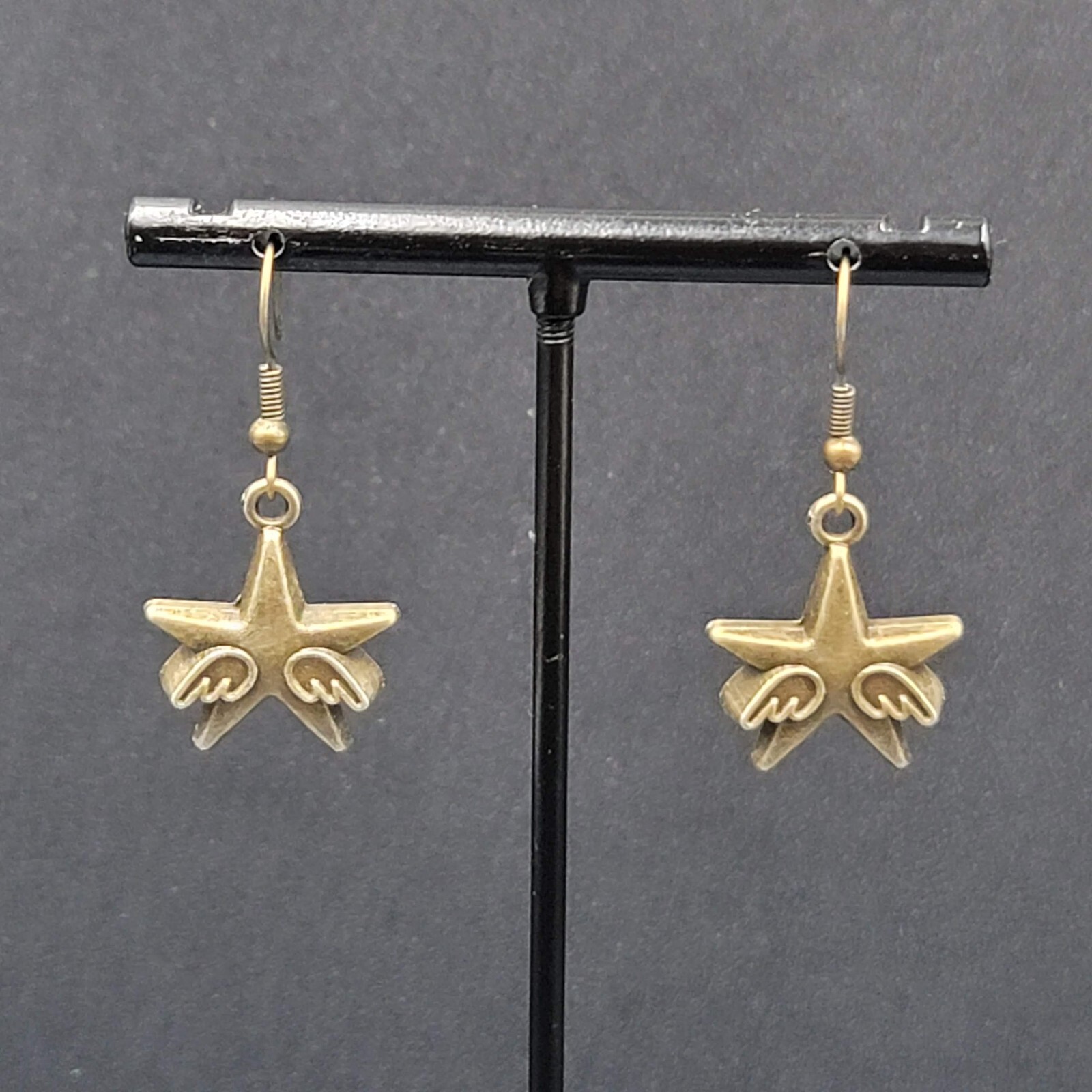 New WINGED STARS Pierced Earrings Bronze tone Dangle 7/8″