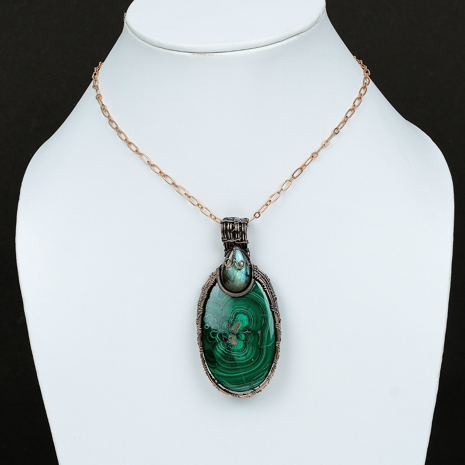 Gift For Her Russian Malachite Wire Wrapped Pendant Copper Jewelry 3.15″