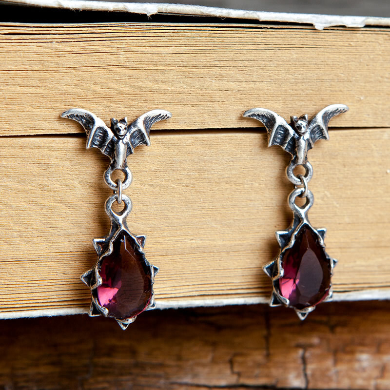 925 Sterling Silver Bat Wing Crystal Drop Earrings Victorian Gothic Dark Romance