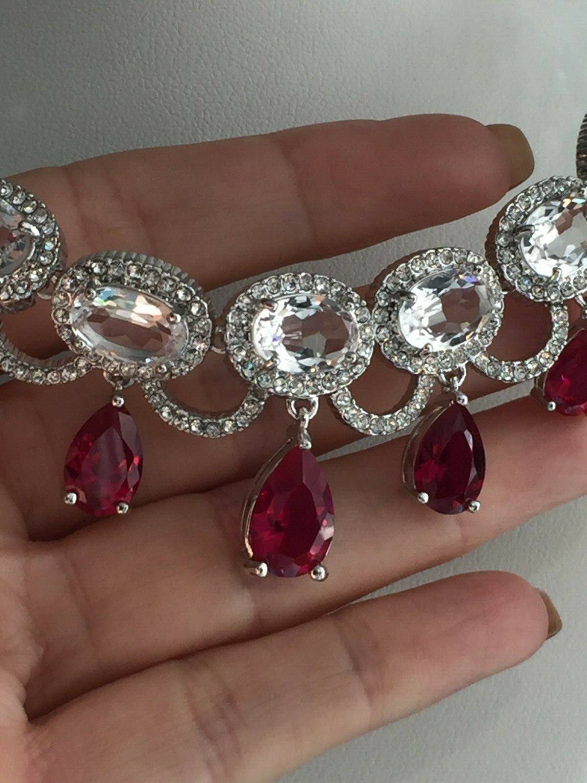 Marilyn Monroe Red & Clear Crystal Necklace Silvertone Plated Brass 17 + 2″