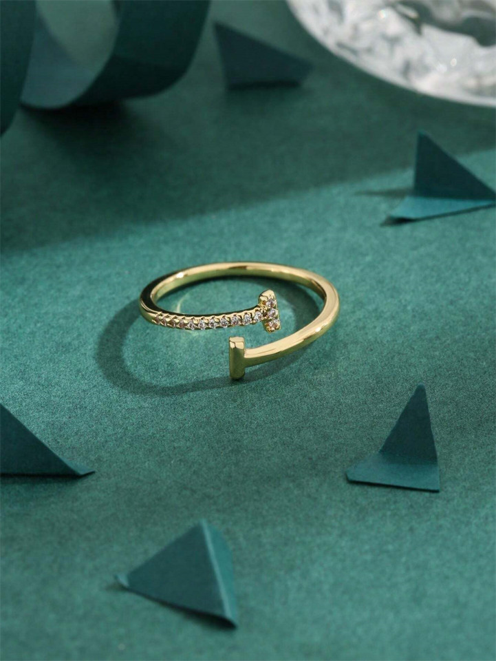 Women’s CZ Crystal Nail Cuff Ring Gold Tone Adjustable Minimalist Open Jewelry