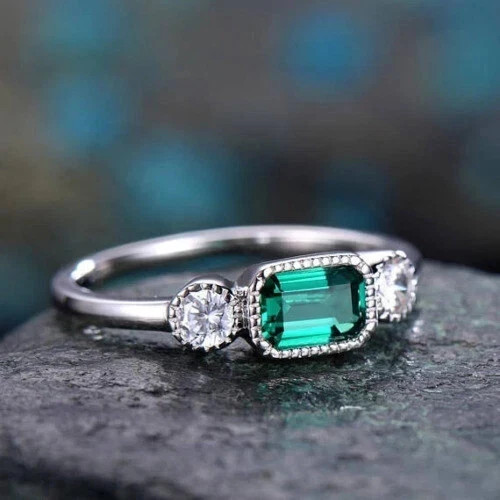 1.Ct Emerald Simulated Diamond Green Diamond Engagement 14K White Gold finish
