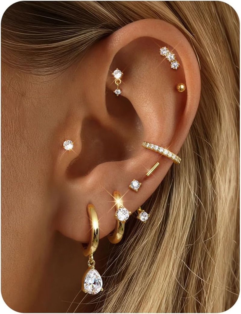 Hypoallergenic Silver Gold Earrings Stacks – 9 Pairs 14K Gold Plated Surgical St
