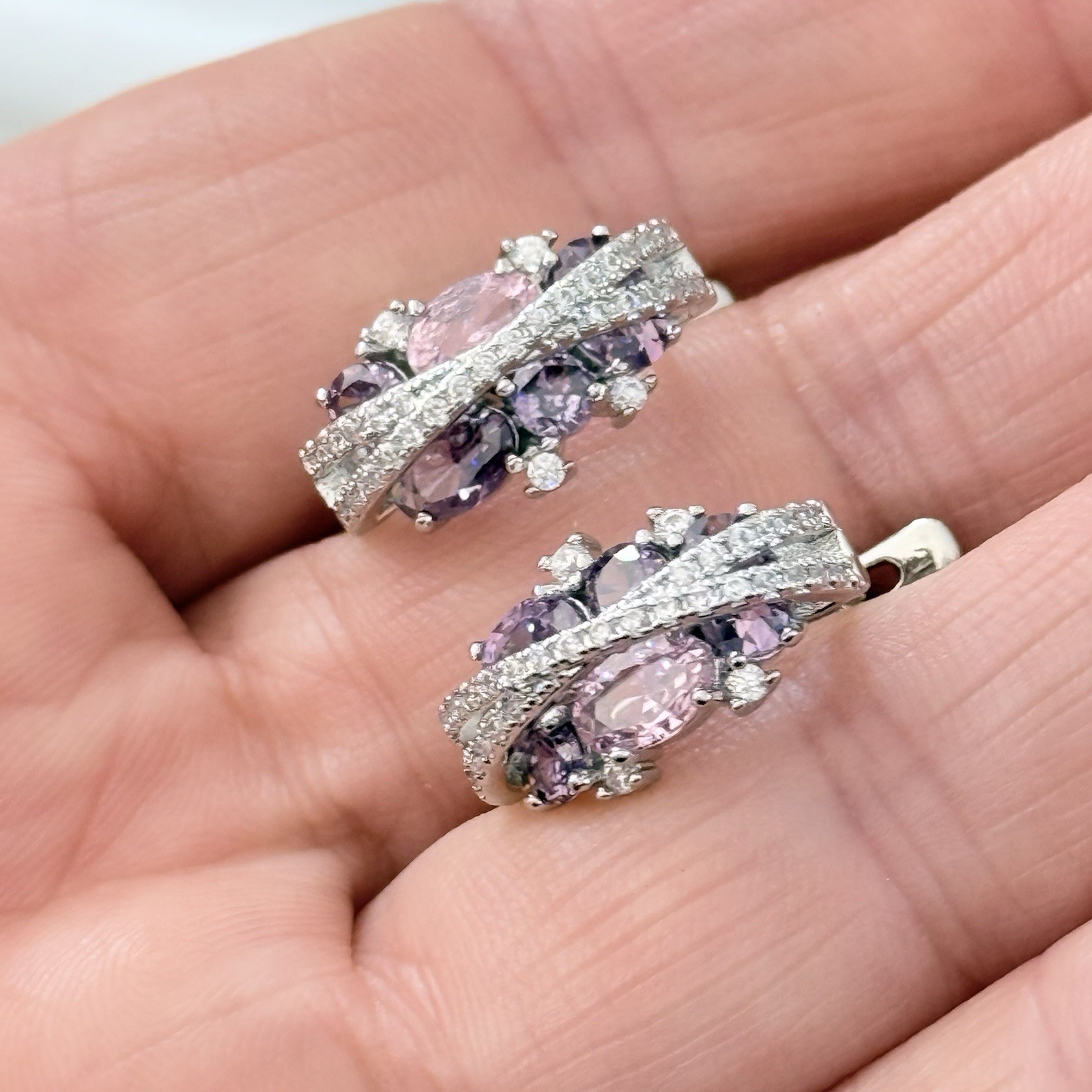 Multicolored Pink Purple, White Cubic Zirconia, Huggie Hoop, Dangle
