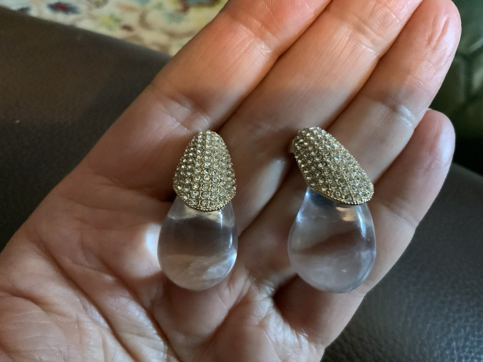Teardrop Lucite Clear Earrings Gold Stud Boho Statement CZ Retro Fluid Molten