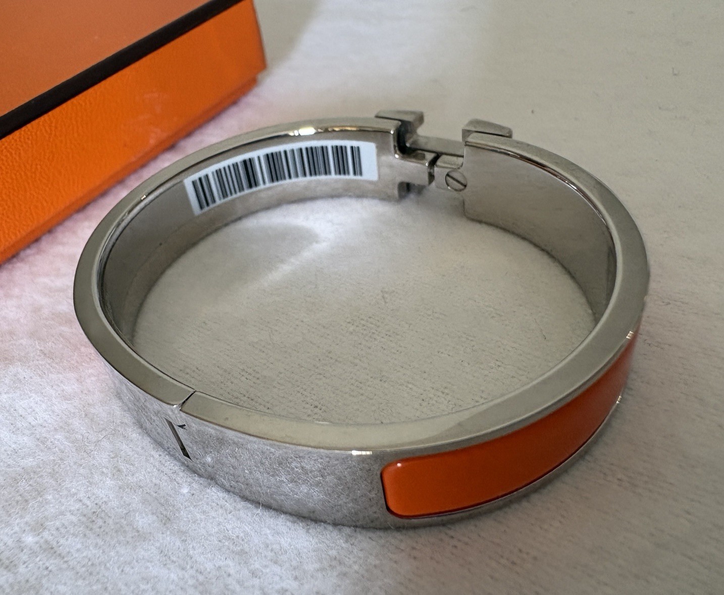 Authentic HERMÈS Clic H Narrow Bracelet Iconic Orange Palladium Silver PM w Box