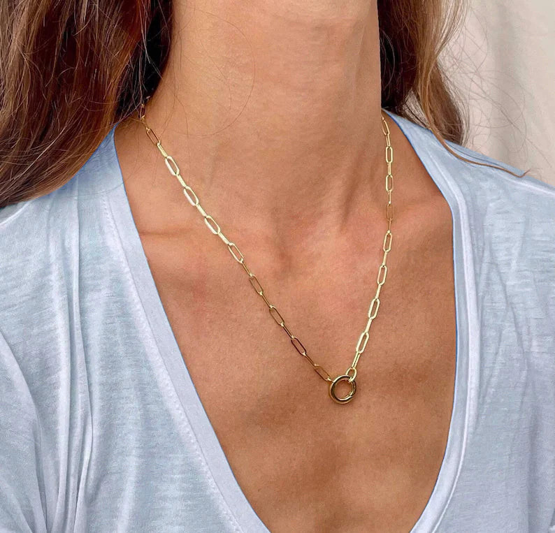 14K Yellow Gold Paperclip Link Chain Necklace Charm Clasp Women’s Fine Jewelry