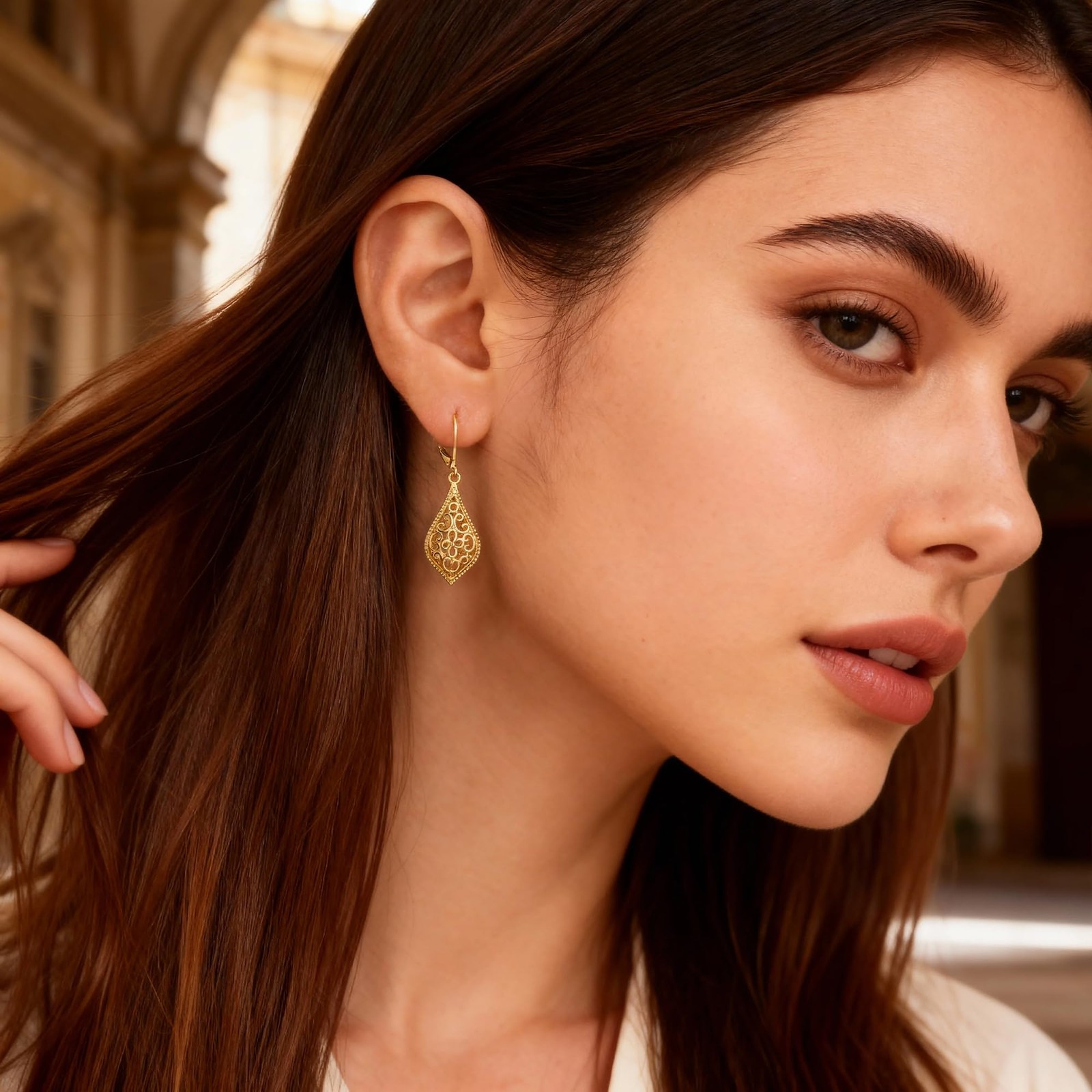 14K Gold Dangle Earrings for Women, Filigree Dangling Leverback Earrings, Gol…
