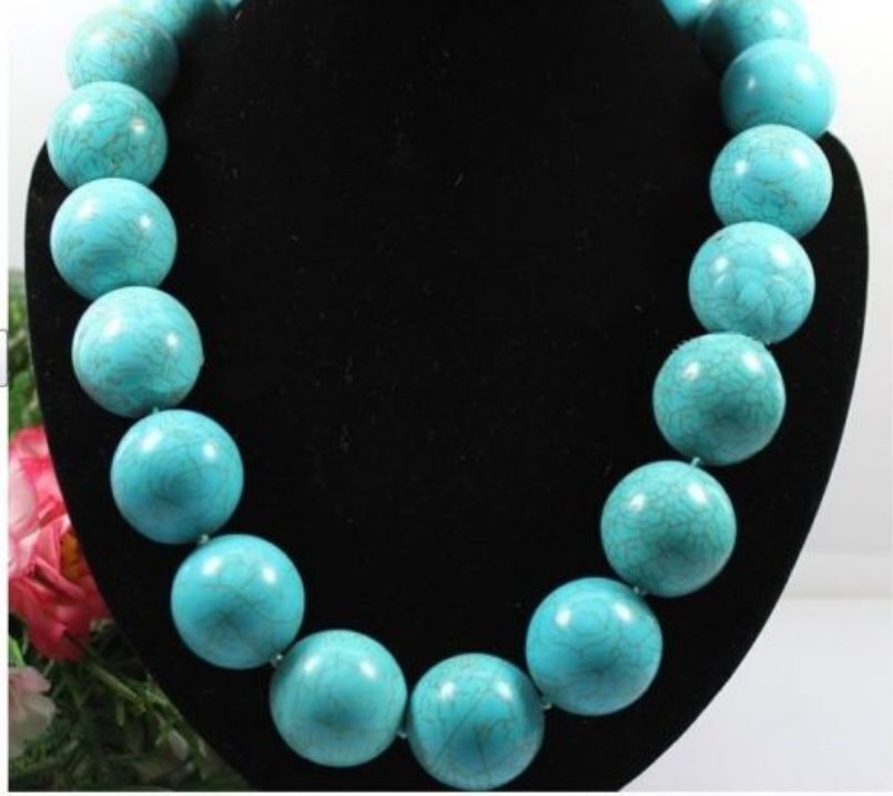 Huge 18mm Blue Round Turquoise Stone Gemstone Necklace Woman 45cm/18inch