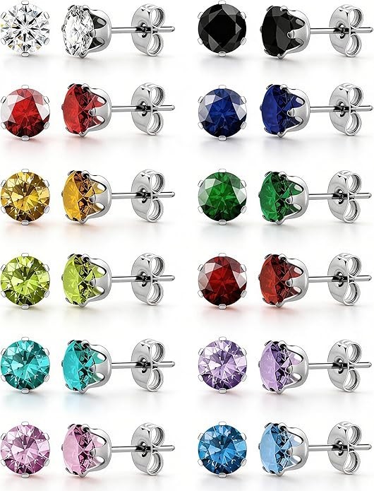 12 Pairs Silver Surgical Steel Stud Earrings Set Women Men 12 Colors CZ Studs