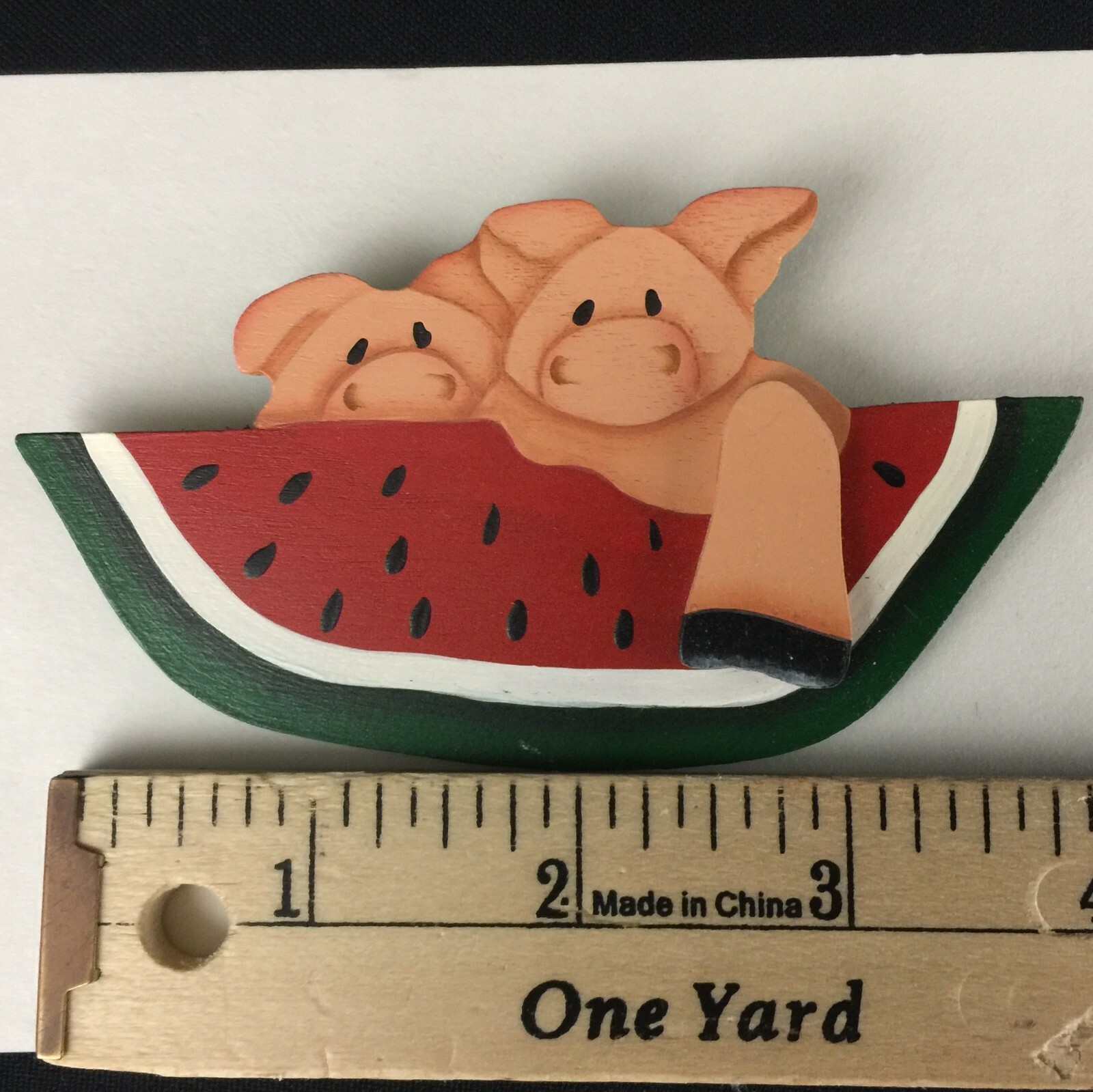 Brooch Pigs with Watermelon Pin Wooden Hand Painted Locking Bar Pin Back VTG