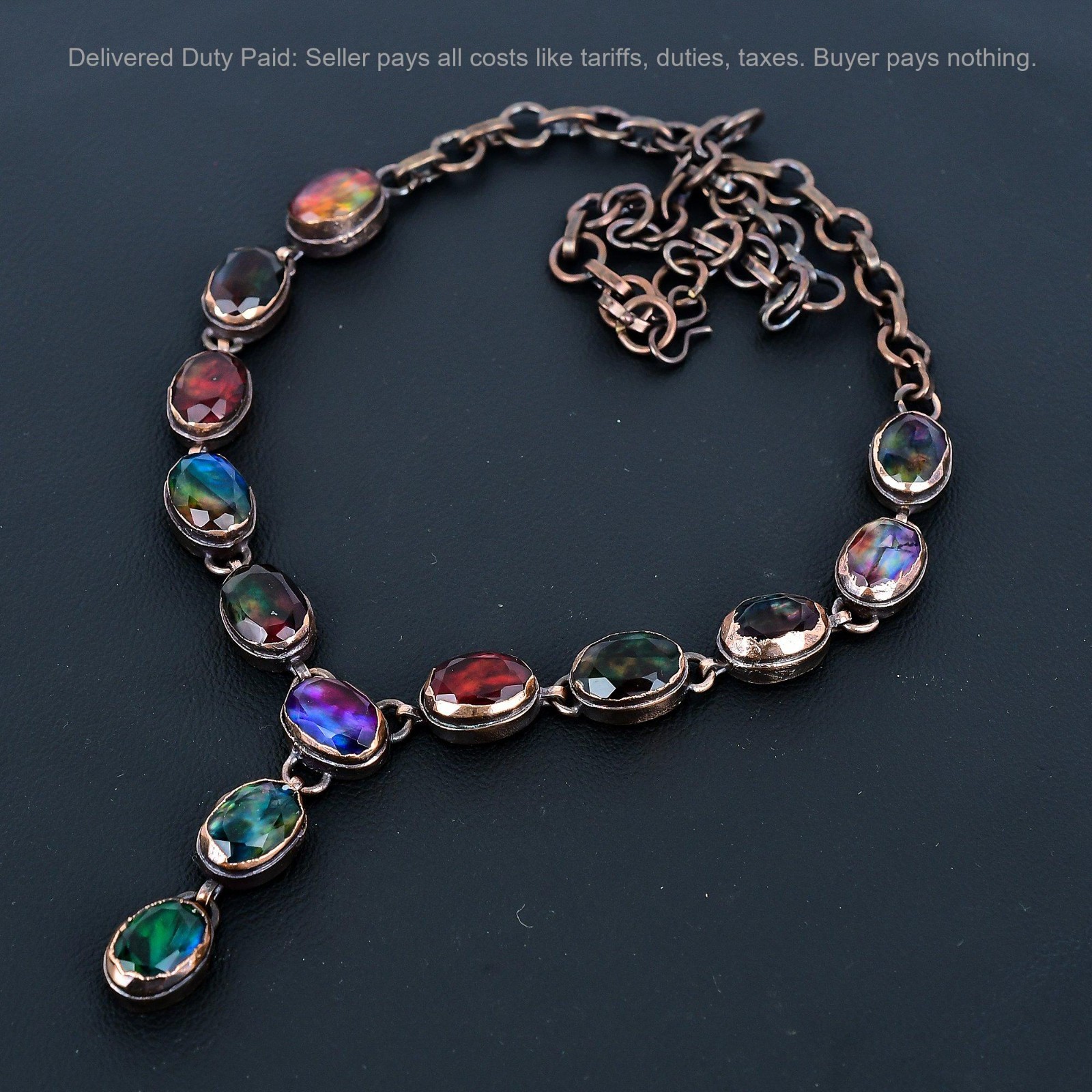 Christmas Sale Copper Oval Natural Ammolite Chain Electroformed Necklace Jewelry