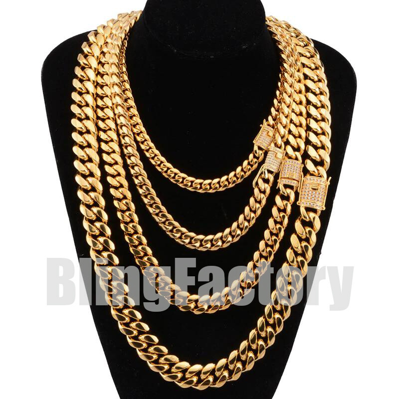 Hip Hop Iced Box Lock Stainless Steel 10mm 12mm Miami Cuban Link Chain Necklace