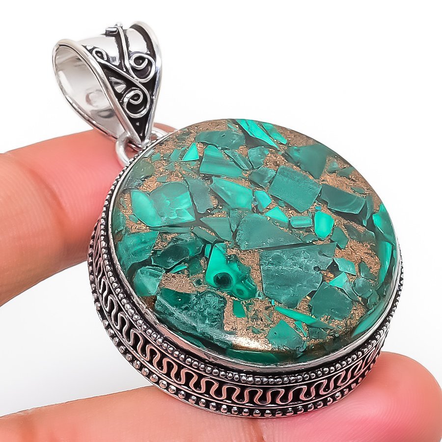 Copper Malachite Gemstone 925 Silver Handmade Jewelry Pendant 1.97″