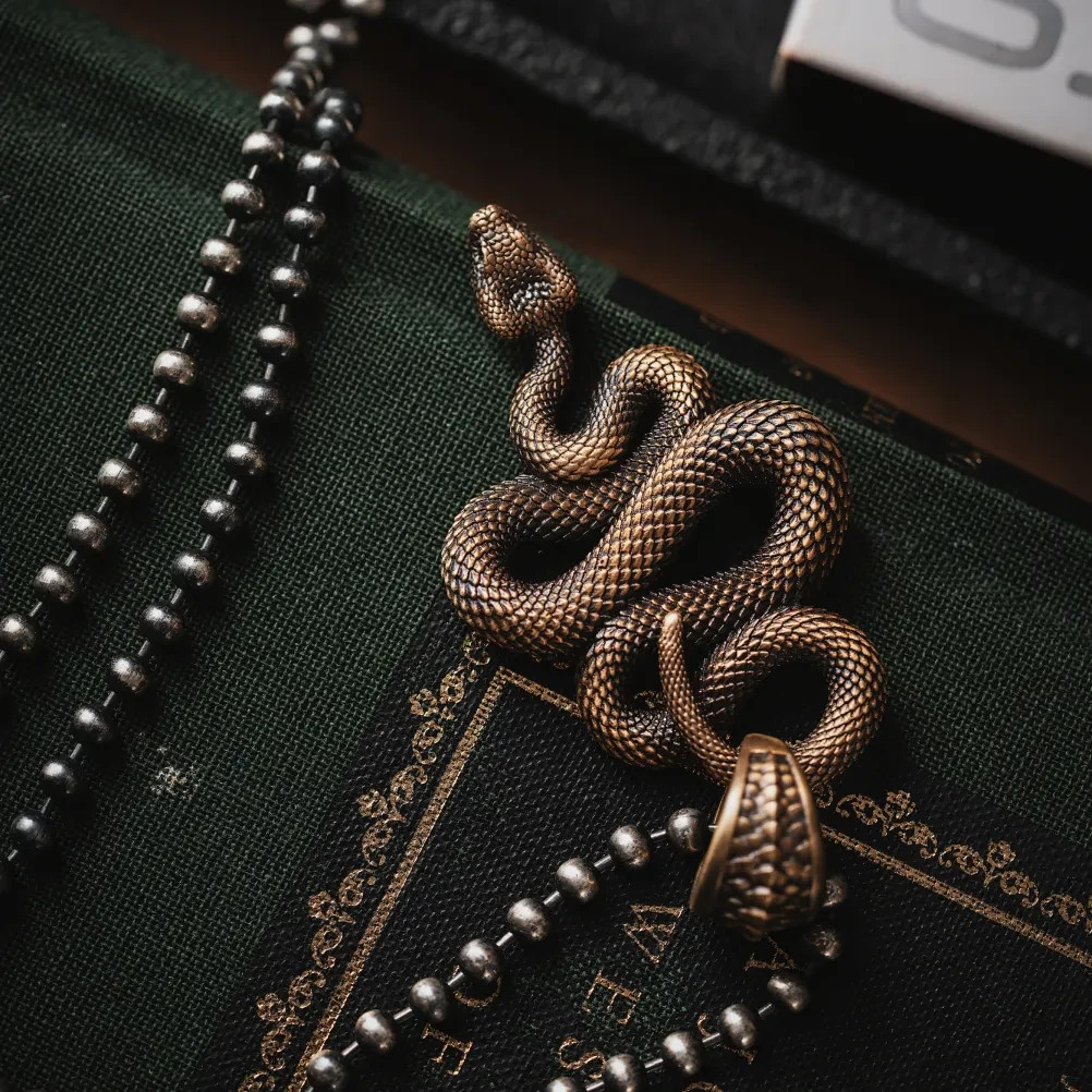 Brass Snake Pendant Necklace Viper Handmade Jewelry Gift Goth Animal for Men