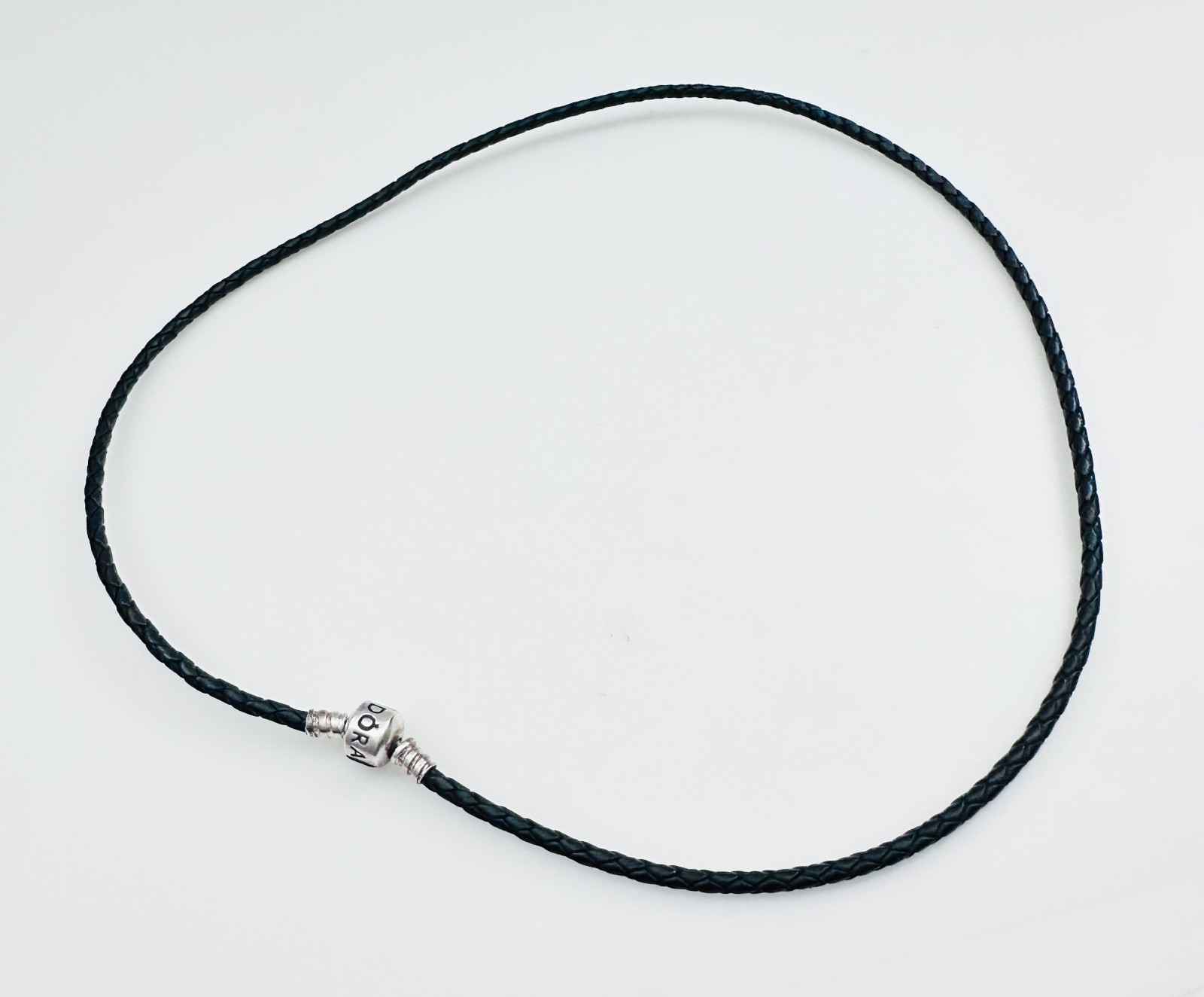 PANDORA 925 Sterling Silver Braided Leather Charm Necklace Black, 22″ (56cm)