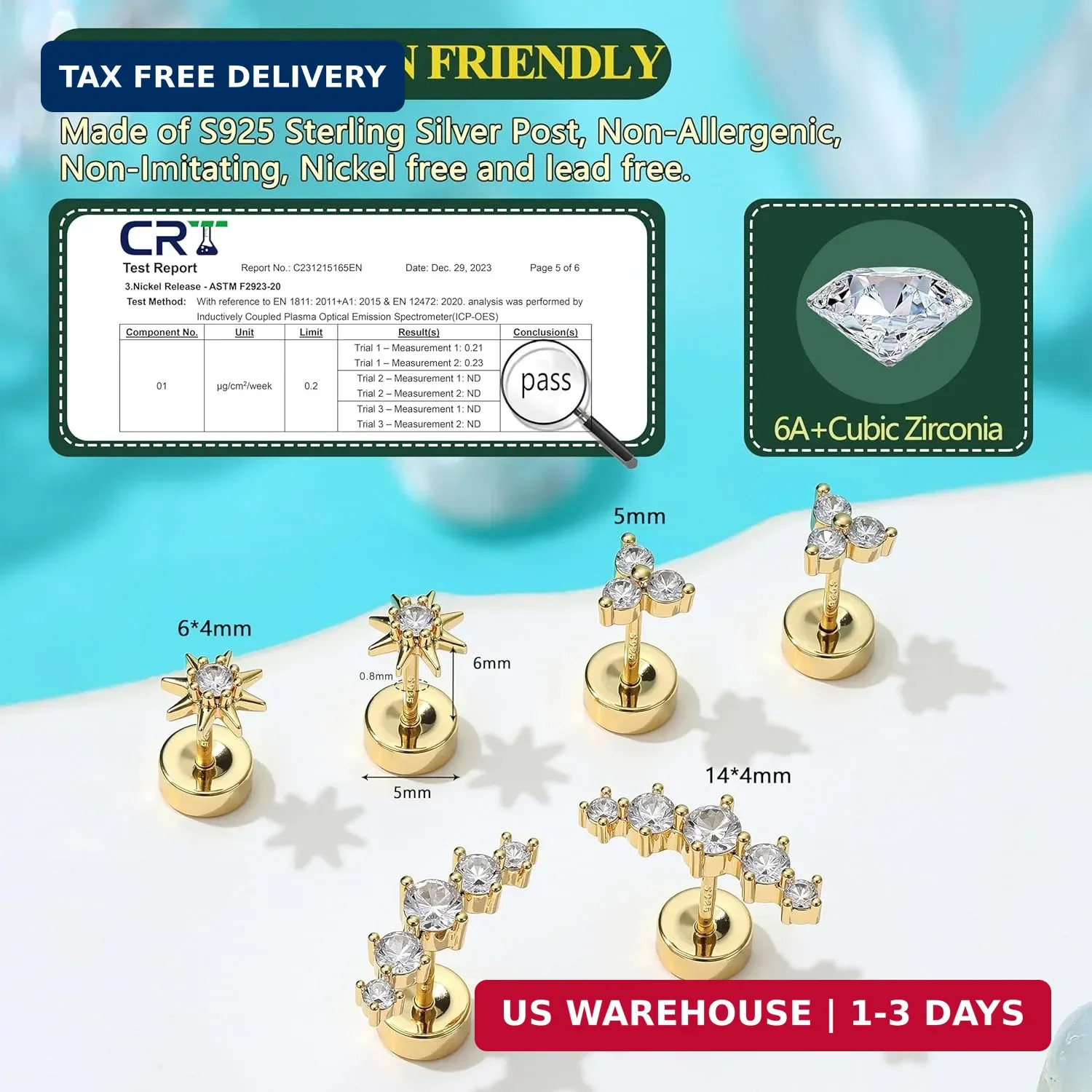 Dochais Flat Back Stud Earrings for Women and Men, Hypoallergenic 14k Gold Plate