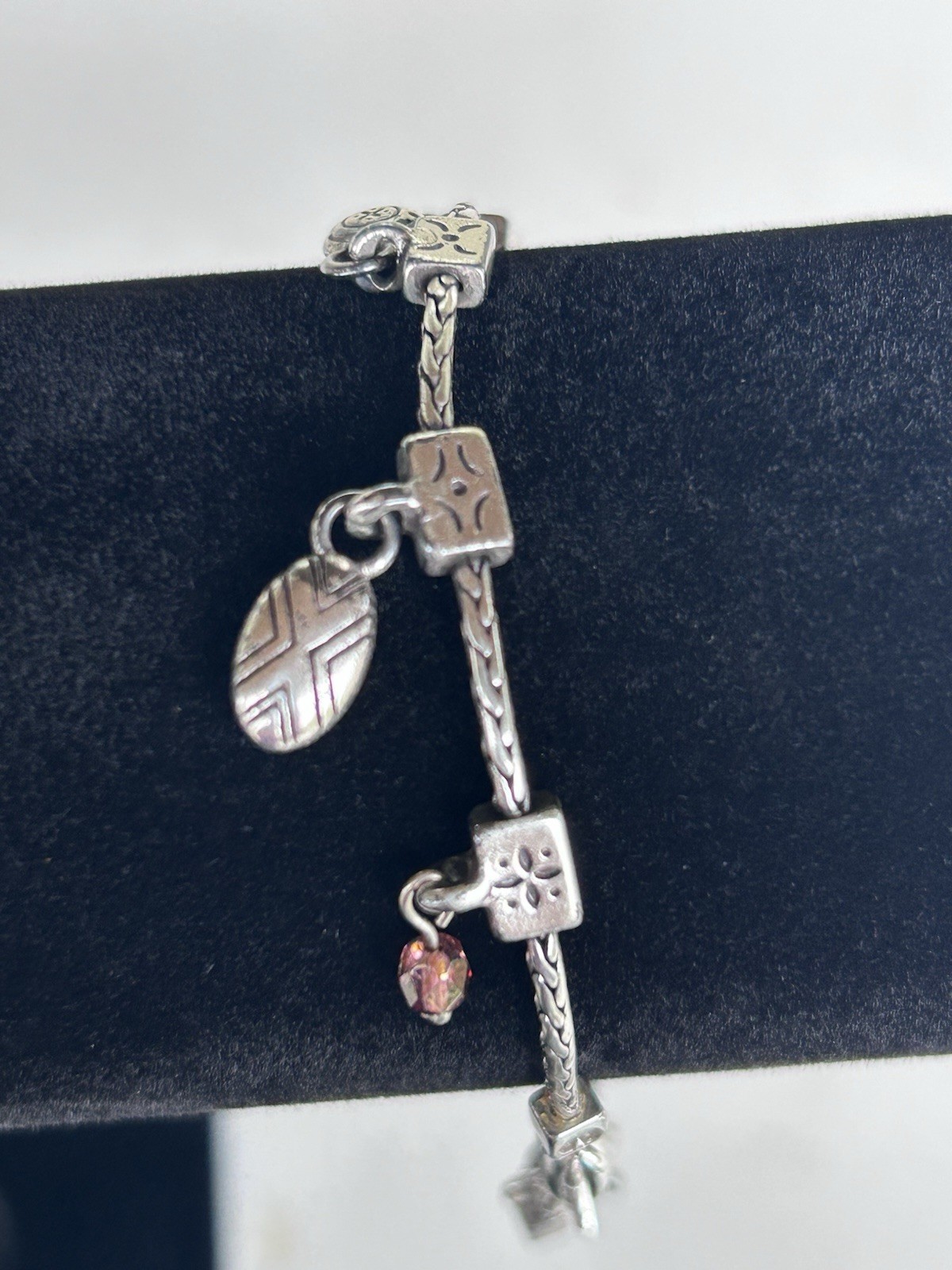 Brighton Amber Heart Retired Vintage Cross Silver Plated Charm Bracelet