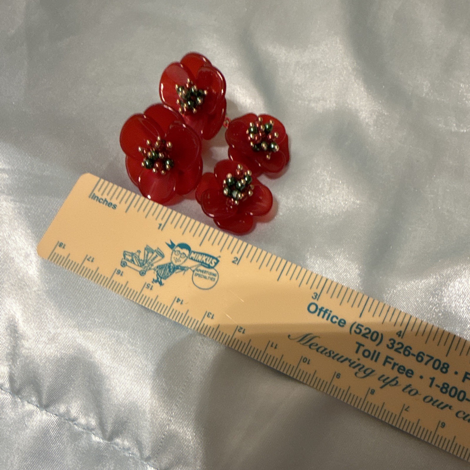 Red & Gold Tone Flower Drop Earrings Plastic Metal No Stone