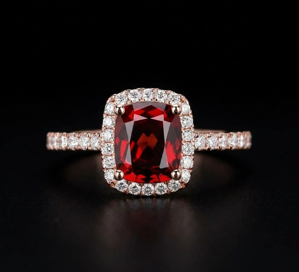Cushion Garnet Halo Ring, Rose Gold Plated Sterling Silver, Dainty Red Gemstone