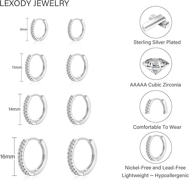 4 Pairs Small Silver Hoop Earrings Set for Women, Sterling Silver Tiny Lightweig