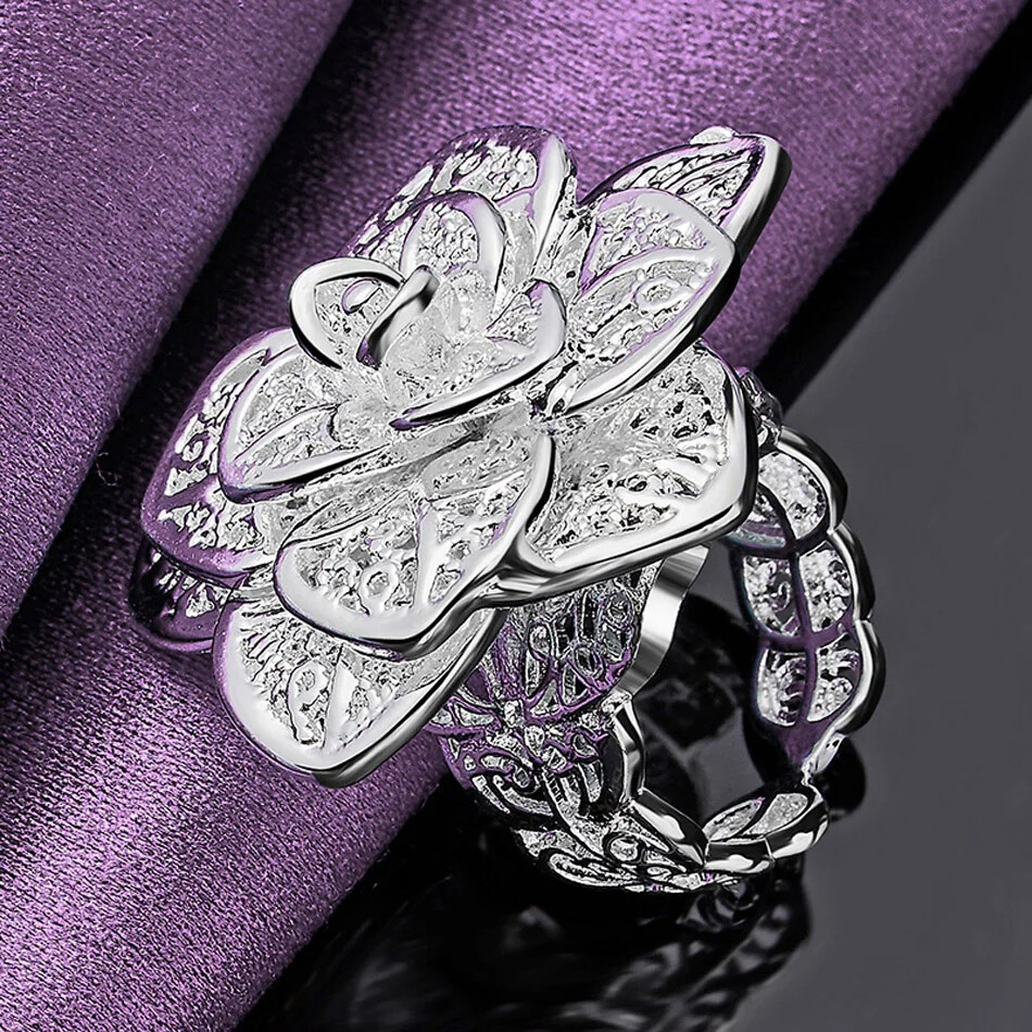 CHSHINE 925 Sterling Silver Big Flower Bangle Bracelet Ring Charm Jewelry Set