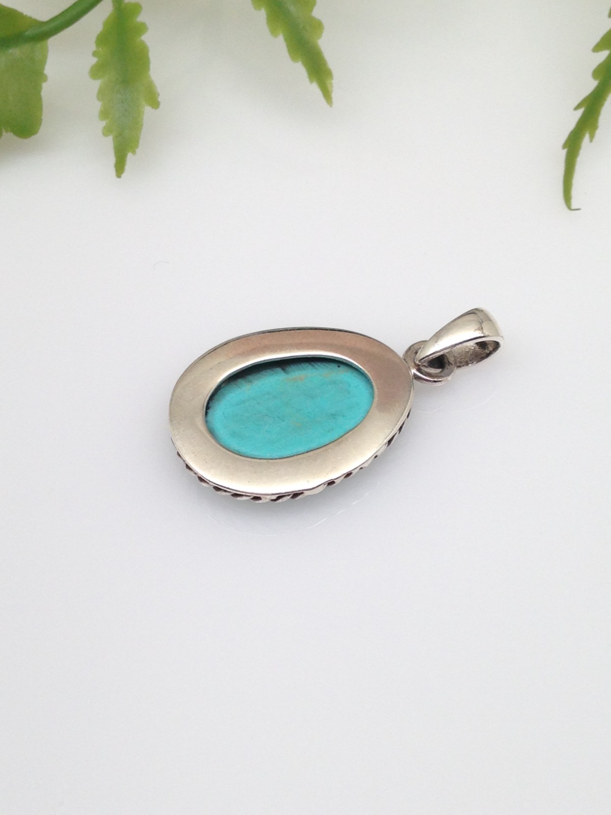 925 Sterling Silver Oblong Turquoise Twisted Rope Pendant Women 20mm(0.79″)/29mm