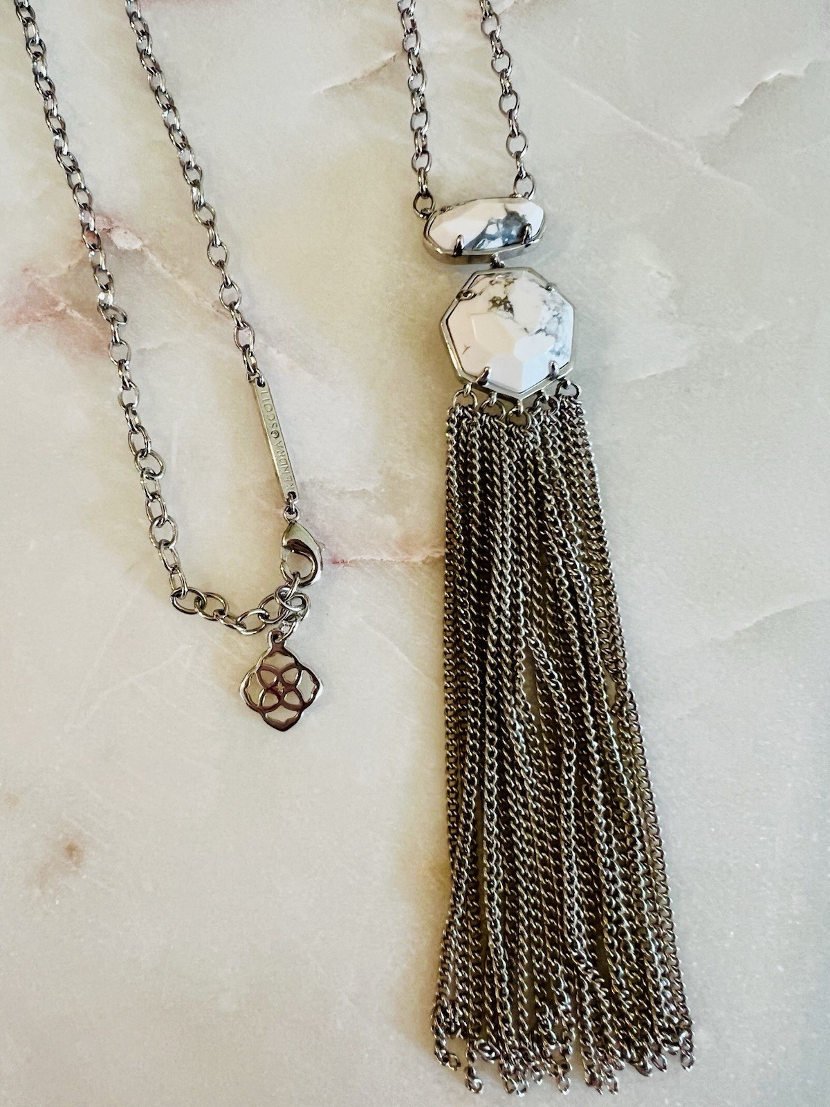Kendra Scott Tae Long Necklace, Silver with a white howlite pendant and tassel