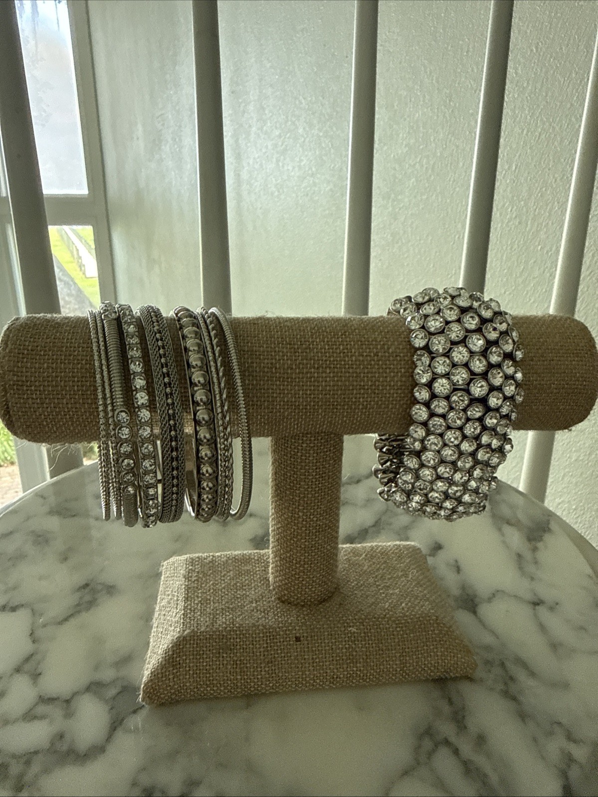 New Retro Anthropology Multi Crystal Stretch Bracelet and 9 Silver Bangles
