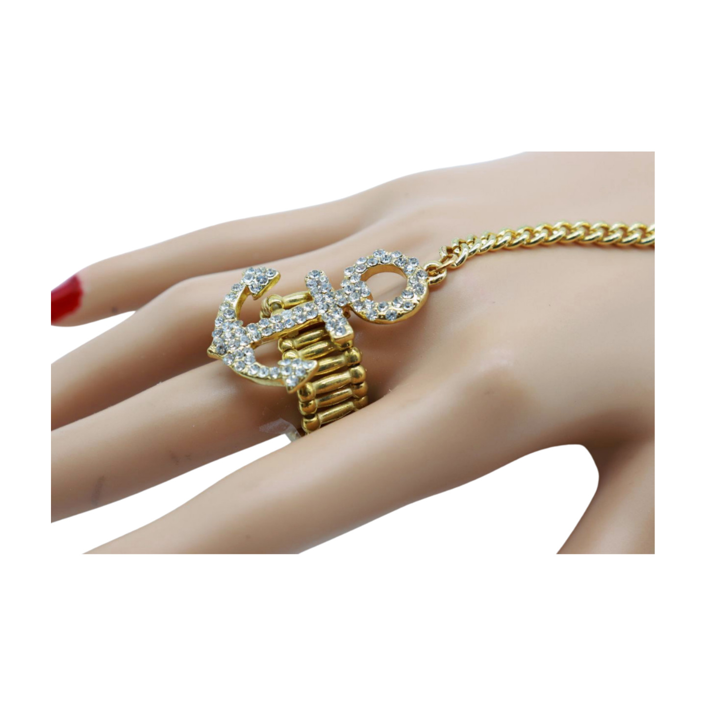 Hot Women Gold Metal Hand Chain Bracelet Connected Anchor Ring One Size Fits All