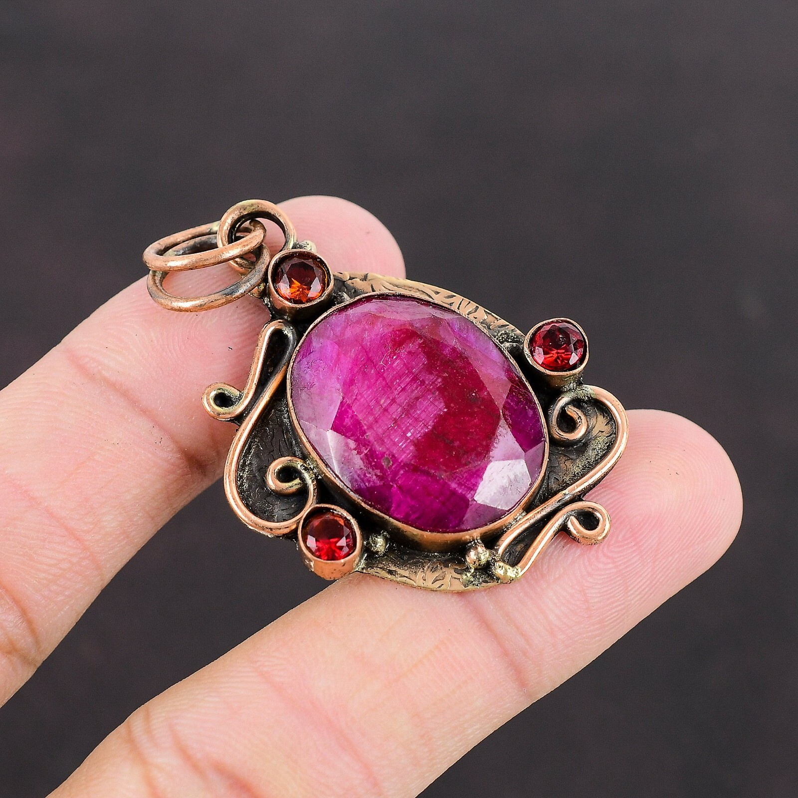 Valentines Deal Copper Oval Natural Kashmir Rubi Mozambique Garnet Boho Pendant