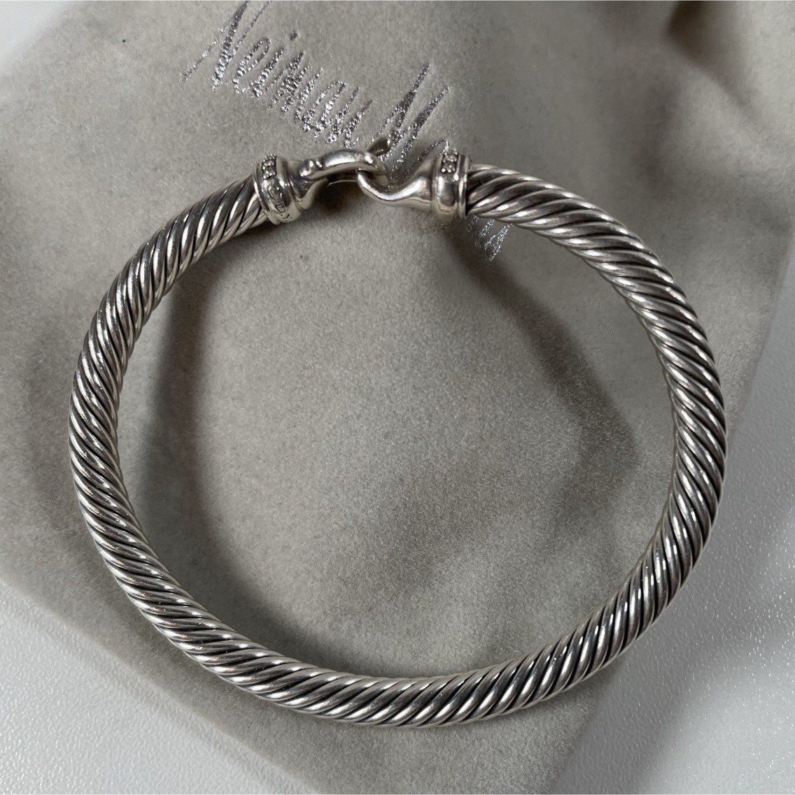 David Yurman Silver Twisted Bangle Metal Bracelet Hook Closure with Diamonds.