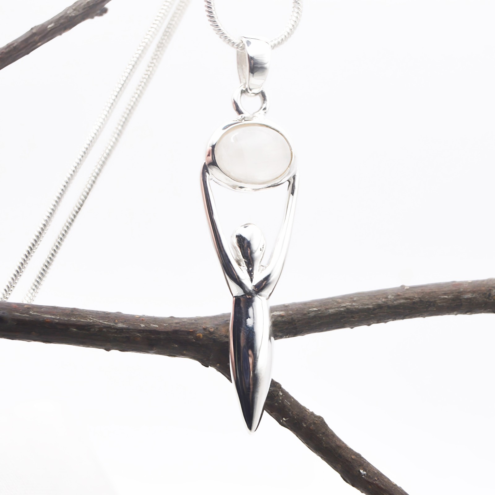 Moonstone Goddess Dainty Pendant 925 Silver Natural Crystal Wicca