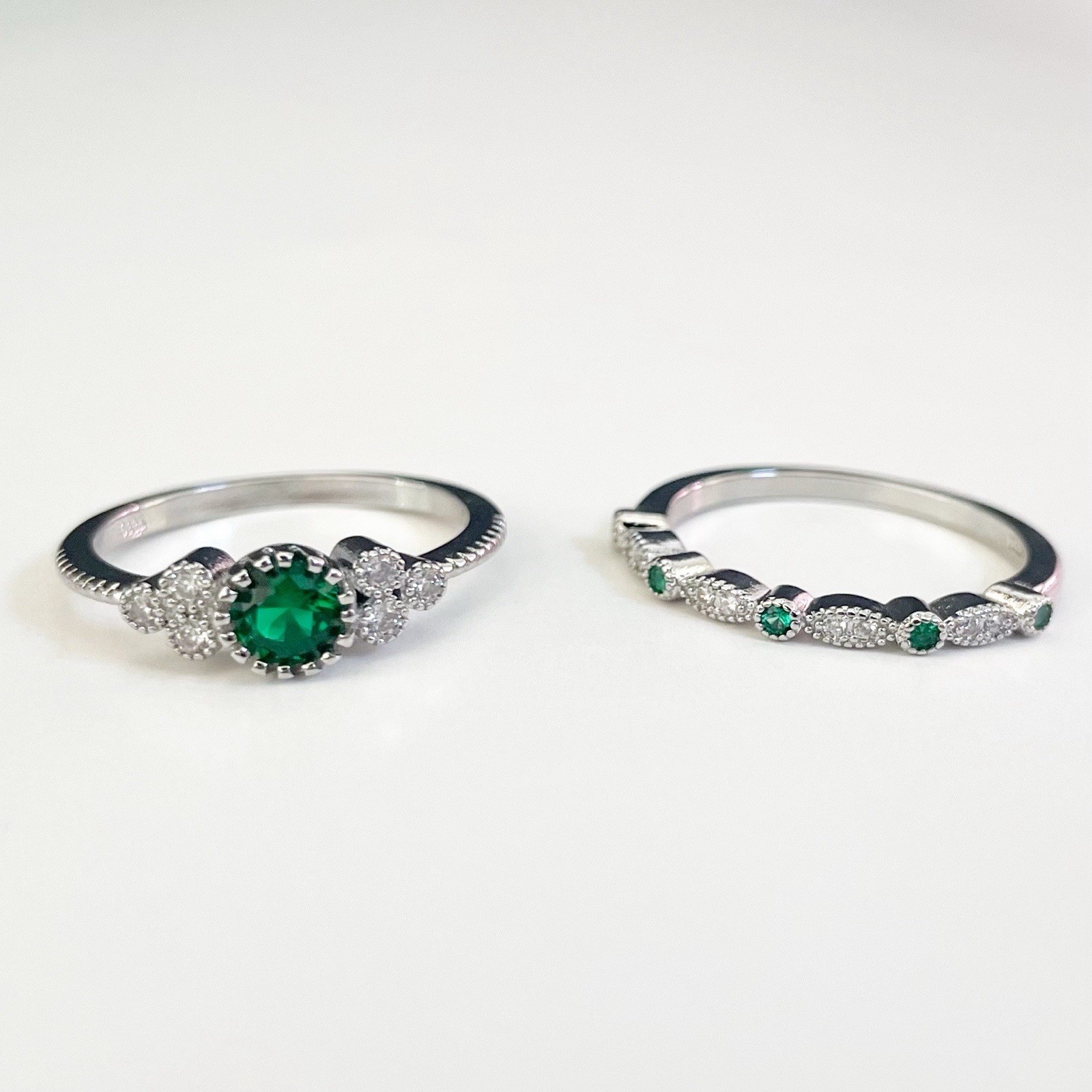 Sterling Silver 925 Ring Set Green Emerald Cubic Zirconia Size 9 Womens