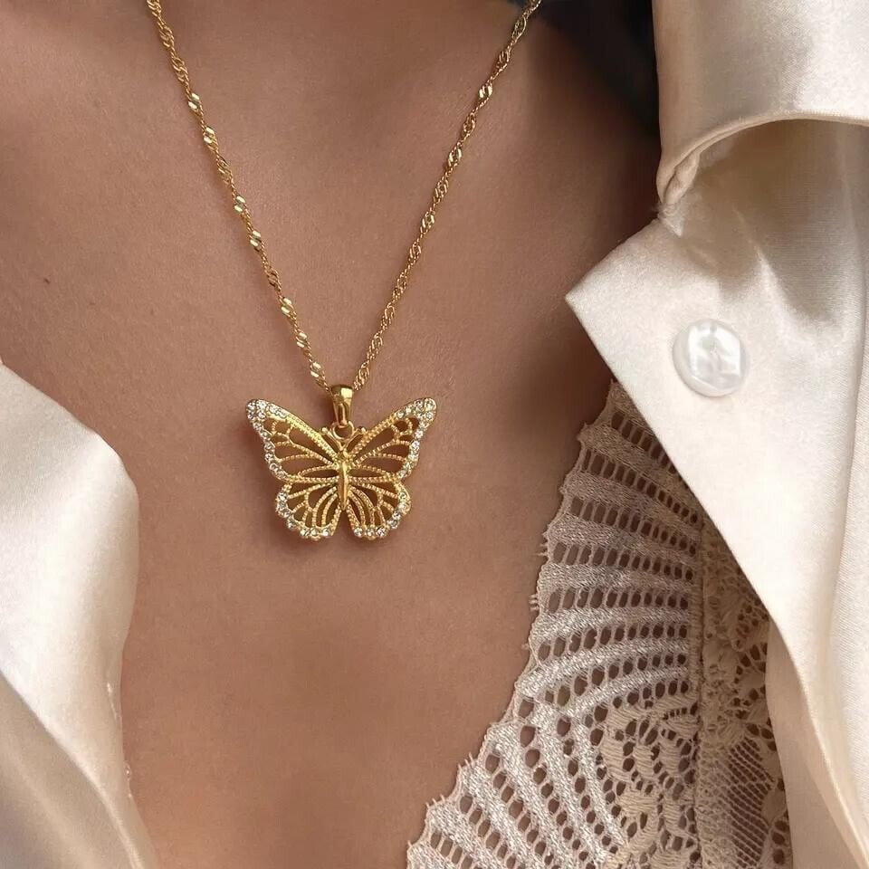 Unique Butterfly Pendant Necklace 18K Gold over Stainless Steel CZ waterproof