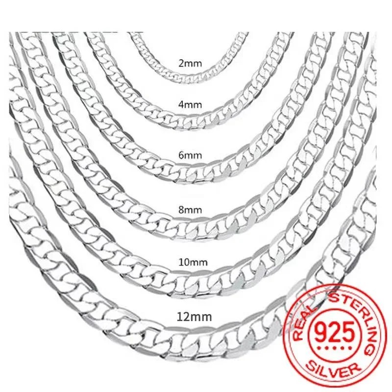 925 Sterling Silver Chain Curb For Men&Women Necklace 2mm to 12mm / 16″ to 30″
