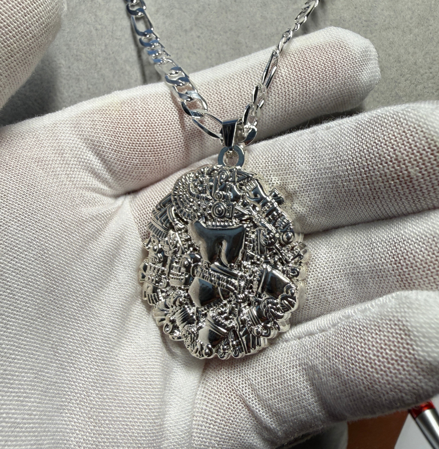 Coyolxauhqui Necklace, Silver Tone, Aztec Moon Goddess, 21.5″ Metal Alloy #H