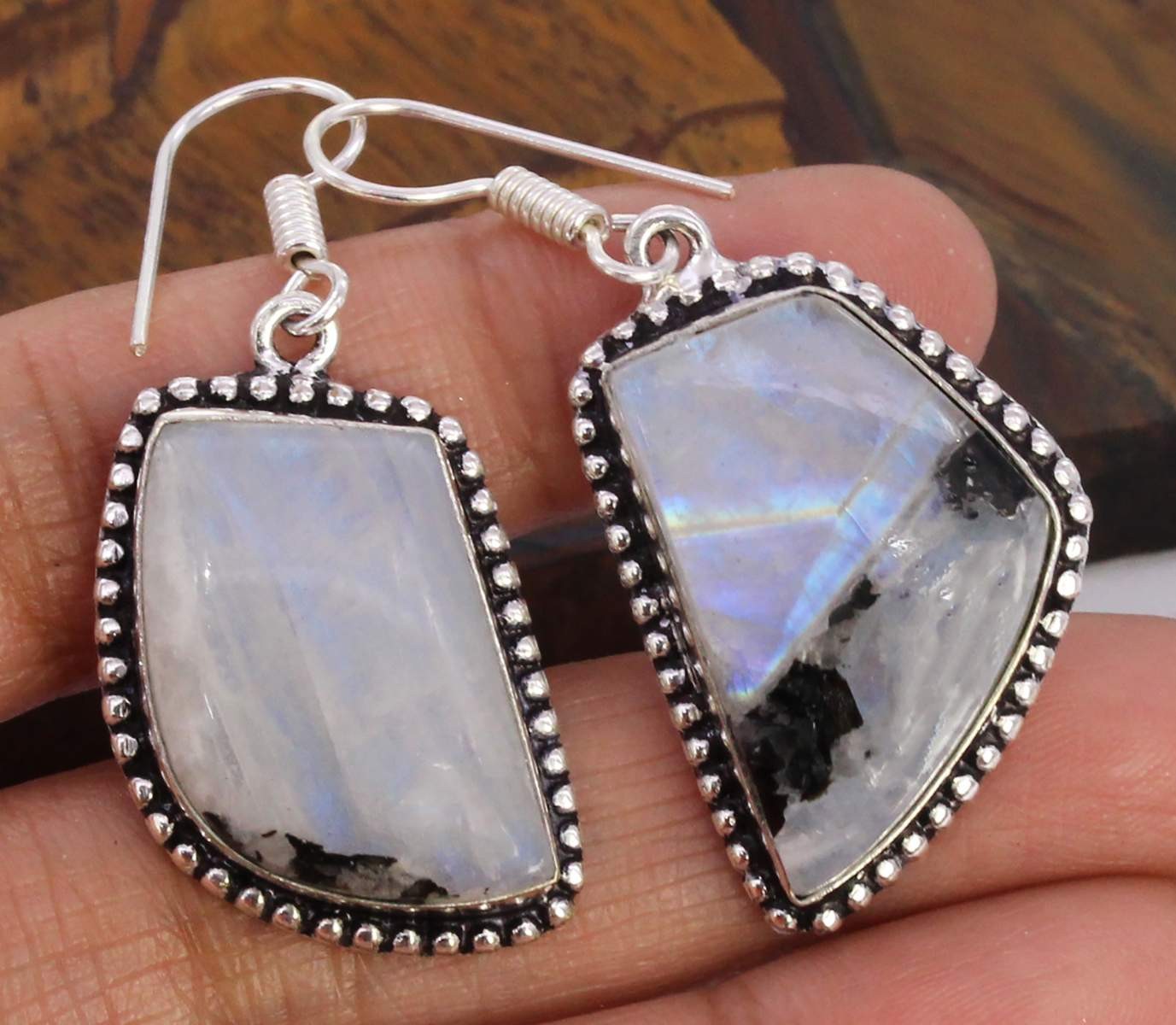 Rainbow Moonstone 925 Silver Plated Handmade Earrings of 1.7″