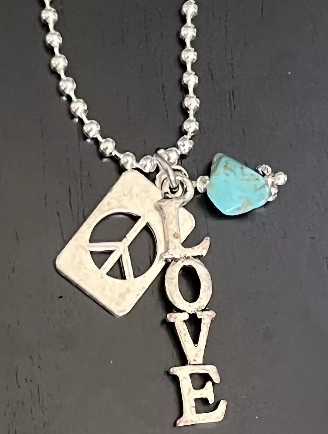 Peace and Love Necklace. Turquoise Chip. Retro. 70’s. Boho Chic.