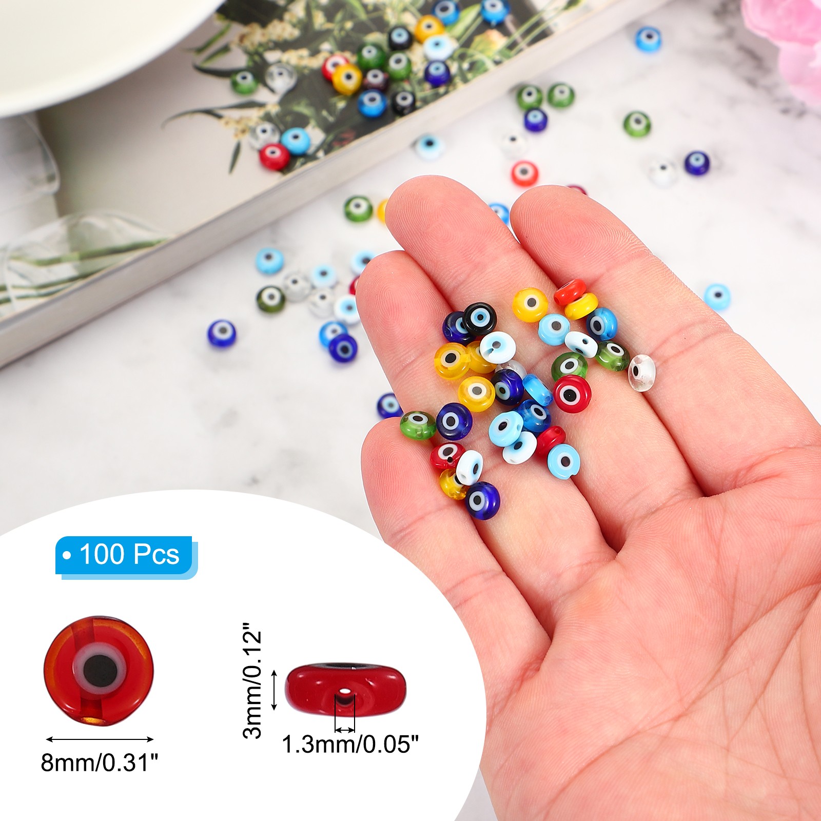 8mm Flat Evil Eye Beads, 100 Pcs Turkish Evil Eye Charm Round Shape, Red