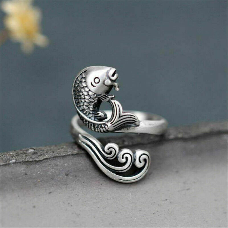 Elegant 925 Sterling Silver Charm Fashion Jewelry Koi Fish Ring One Size Fit All