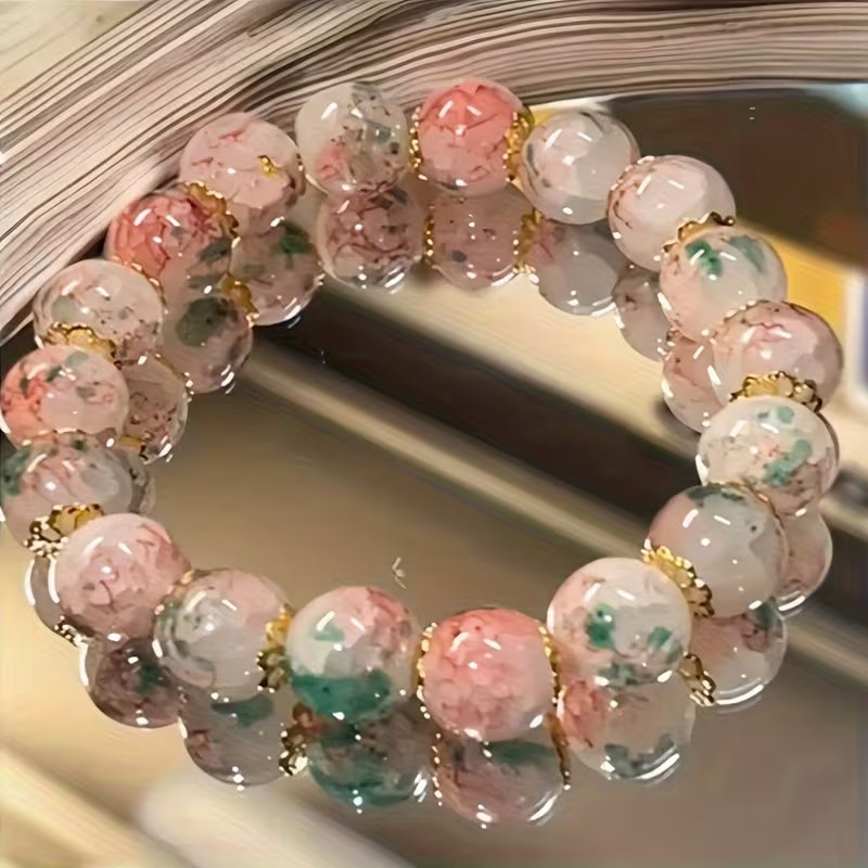 Sweet & Cute Cherry Blossom Glass Bead Bracelet Stretchable about 7-8 inch