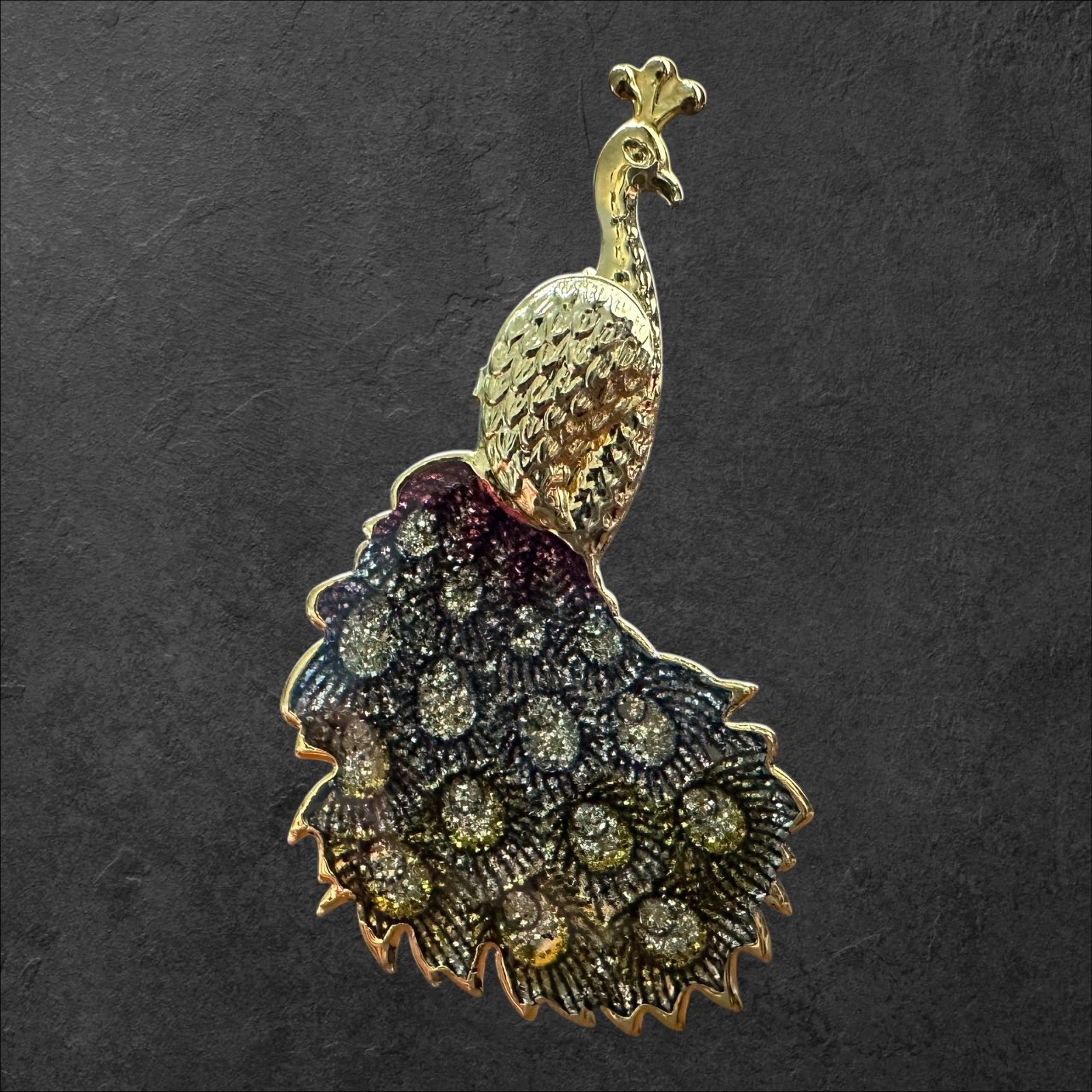 Unmarked Peacock Brooch Gold Tone Purple Blue Enamel Glitter Pin