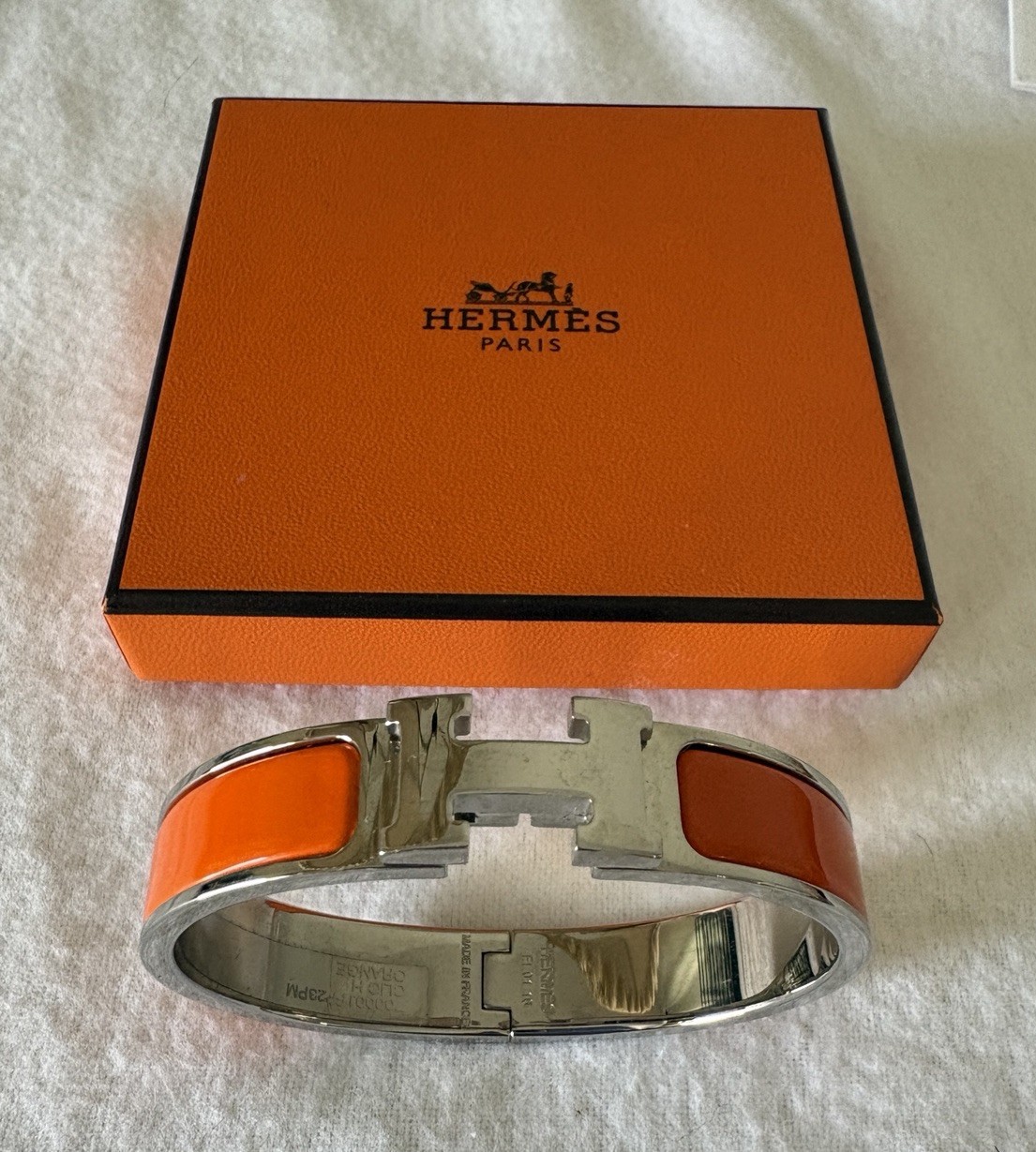 Authentic HERMÈS Clic H Narrow Bracelet Iconic Orange Palladium Silver PM w Box