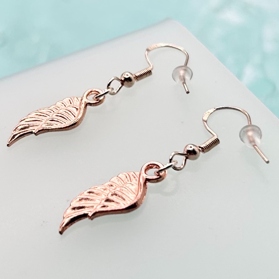 Mini Angel Wing Pendant Hook Earrings (Rose Gold) New Handmade Original Design