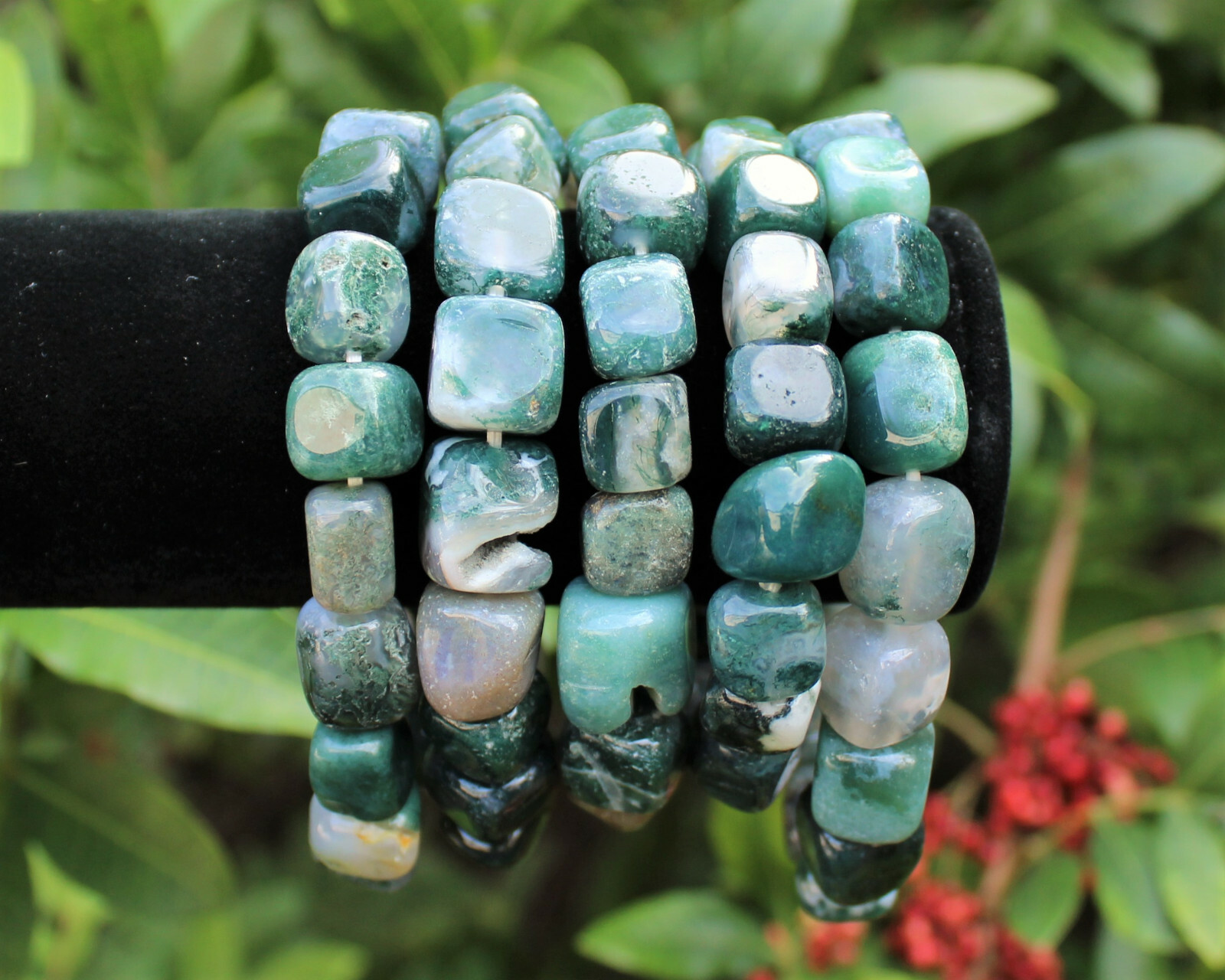 Moss Agate Tumbled Stone Crystal Bracelet 6-8mm | Genuine Agate Gemstone Jewelry